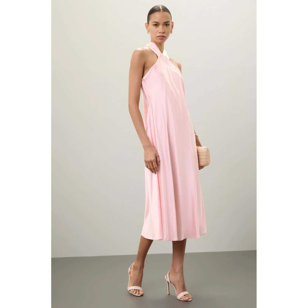 Lauren Ralph Lauren Pink Halter Neck Satin Midi‎ Dress Cross Front Tie Back